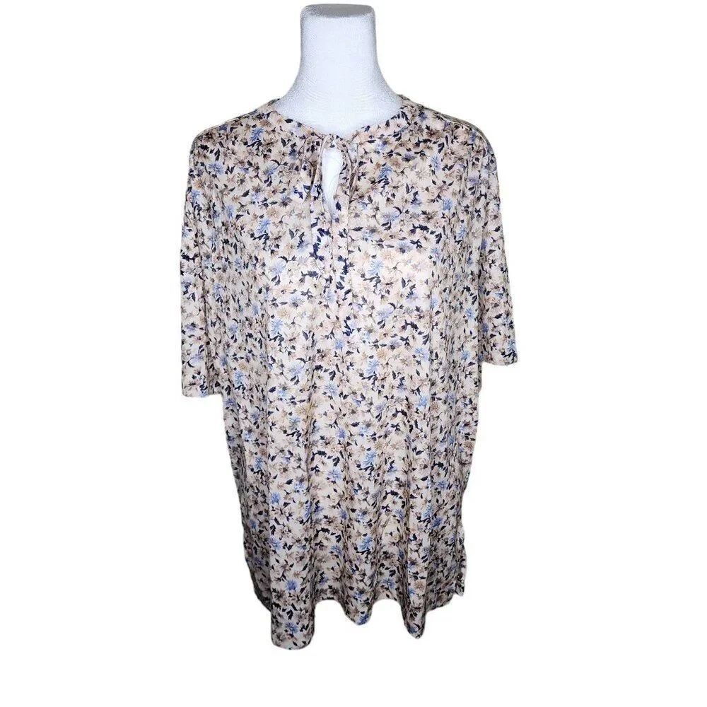 Vintage 70s Short Sleeve Floral Feminine Top Blouse Shirt Womens Size XL Brown
